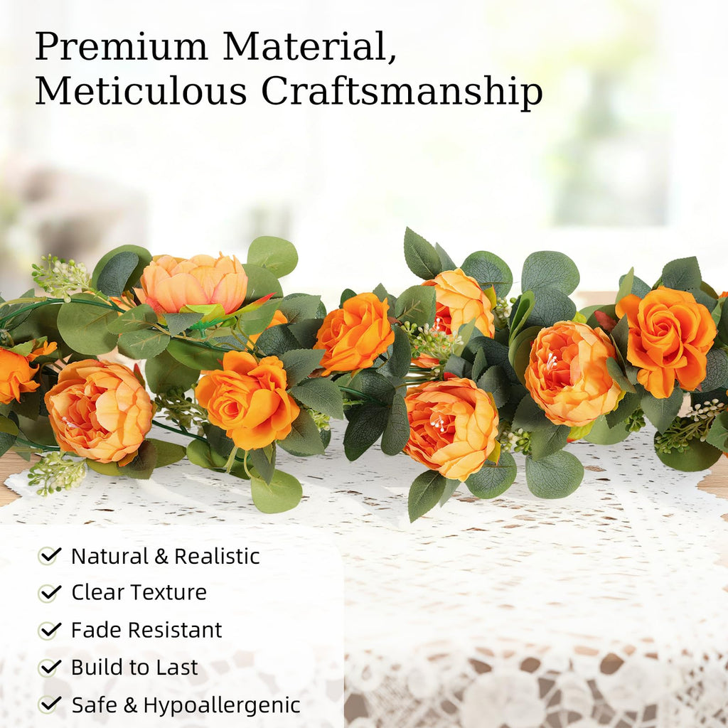 6FT Artificial Eucalyptus Garland with Flowers, Orange Peony, 1pcs