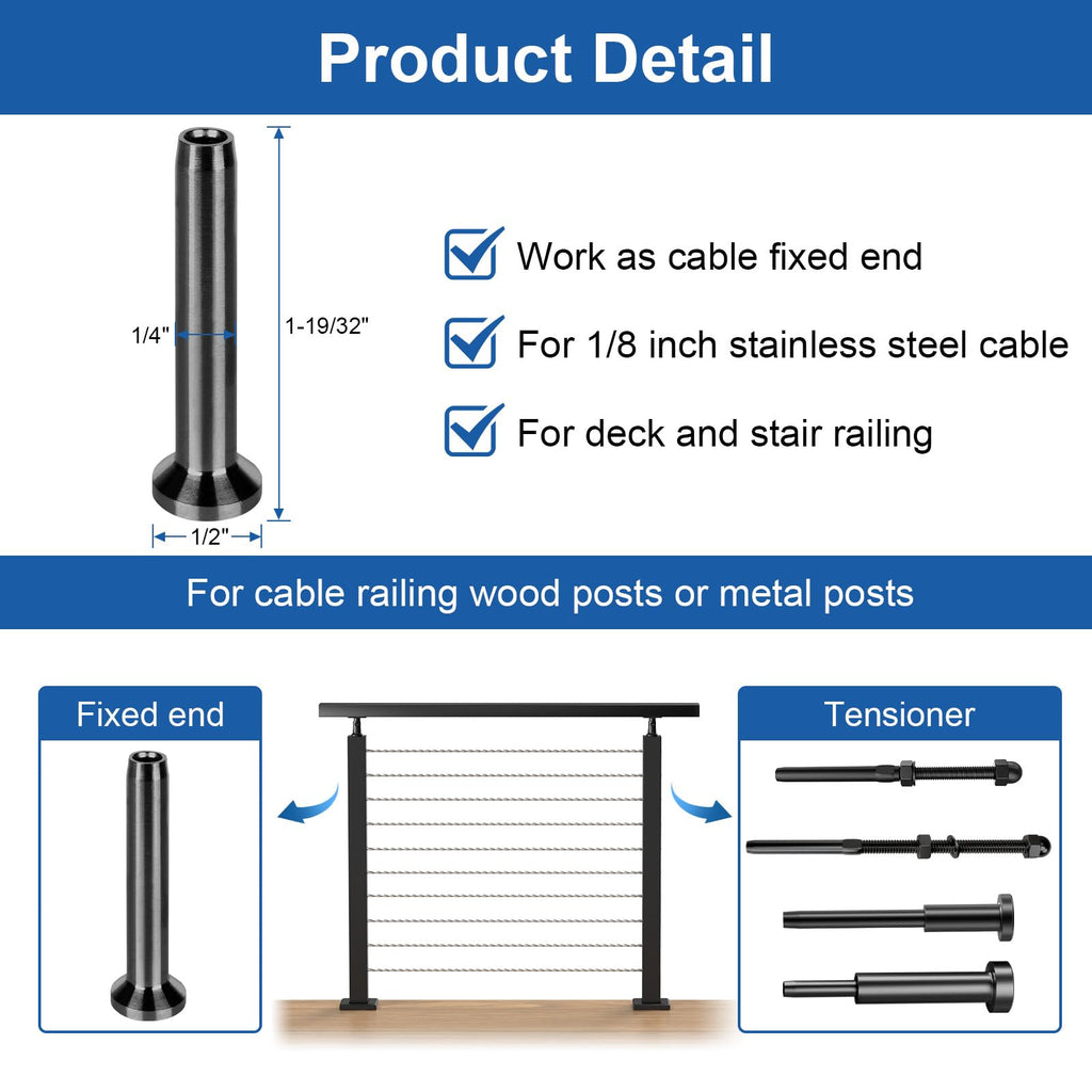 40Pack 1/8" Stainless Steel Black Stemball Swage Dead Ends for Deck Cable Railing, Invisible Cable Railing Hardware