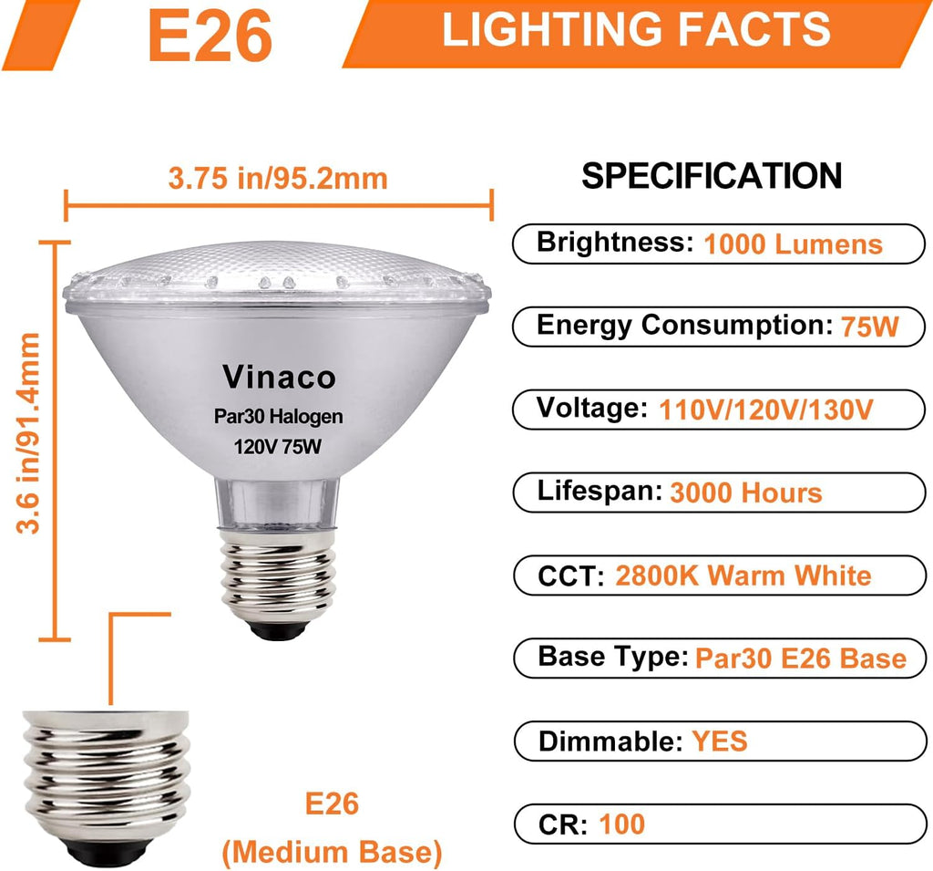 Halogen PAR30 Short Neck Flood Light Bulb Dimmable 75W 120V 2800K