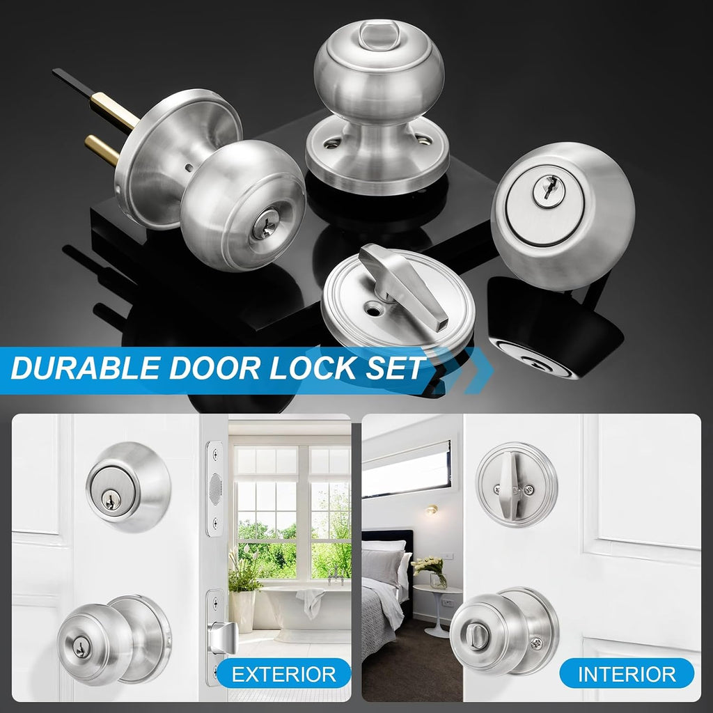 3 Pack Entry Door Lock and Single Cylinder Deadbolt Combo Set, Keyed Alike Satin Nickel Exterior Door Knobs with