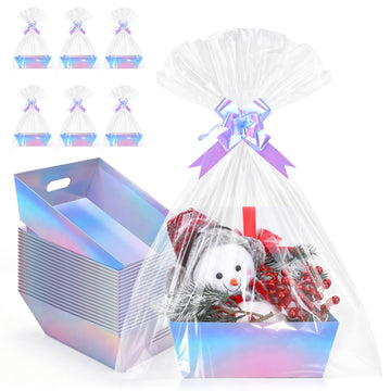 20 Pack Iridescent Gift Baskets Empty, 10x8 Thick Paper Basket with 20 Clear Bags and 20 Pull Bows, Holographic Gift