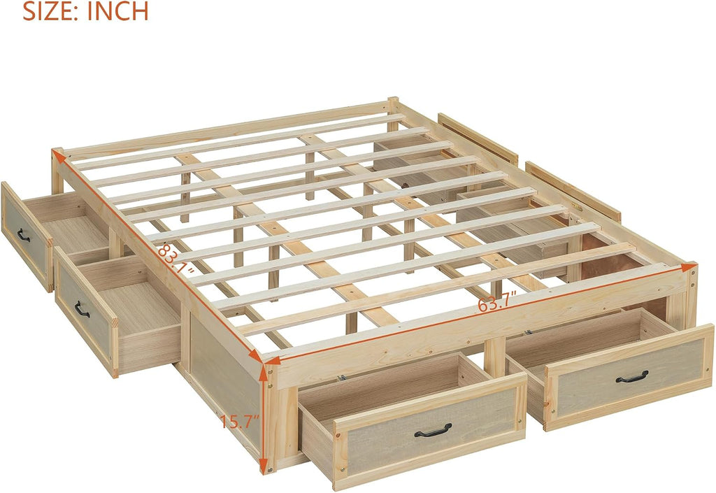 Japanese Low Platform Wooden Bed Frame with 6 Antique Natural Storage Drawers, Farmhouse Floor Beds