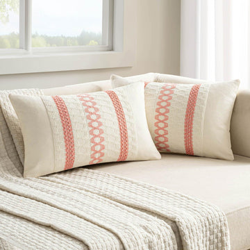 Set of 2 Coral Red Boho Decorative Lumbar Pillow Covers 12x20 Inch