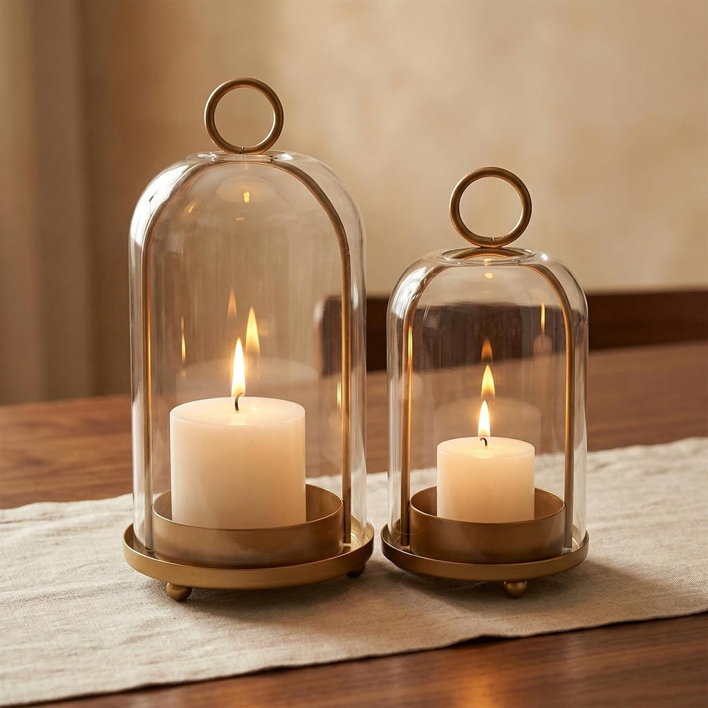Set of 2 Candle Lantern, Candle Holders with Glass Dome 10" & 7.87" | Vintage Brass Design, Perfect for Pillar