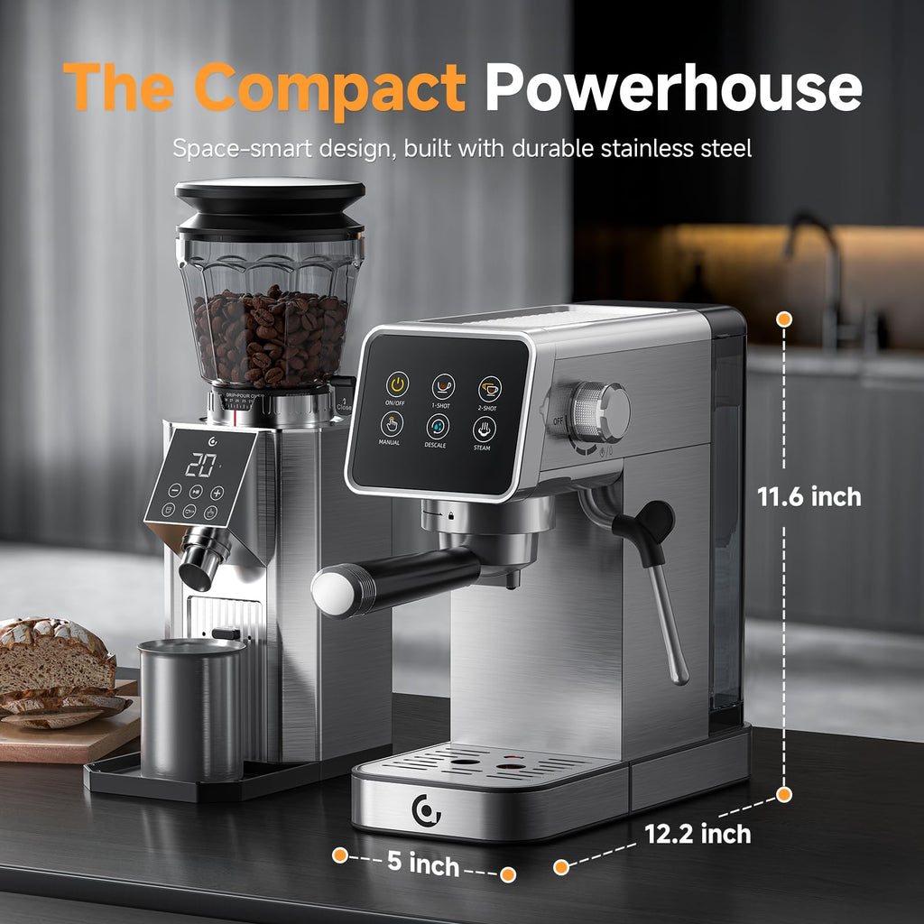 20 Bar Espresso Machine, LED Touch Screen Coffee Maker with Self-Cleaning & Milk Frother, Compact Cappuccino Latte