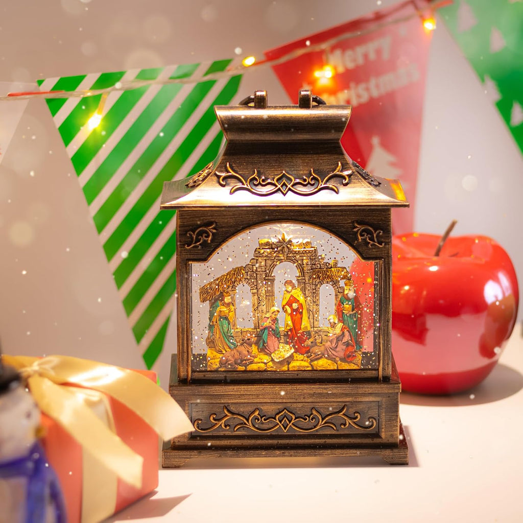 Christmas Nativity Snow Globe Lantern with Music Lights Swirling Glitter