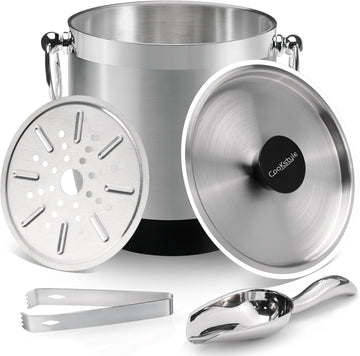 Double-Wall Stainless Steel Insulated Ice Bucket With Lid & Ice Tong [3 Liter] Included Strainer Keeps Ice Cold &