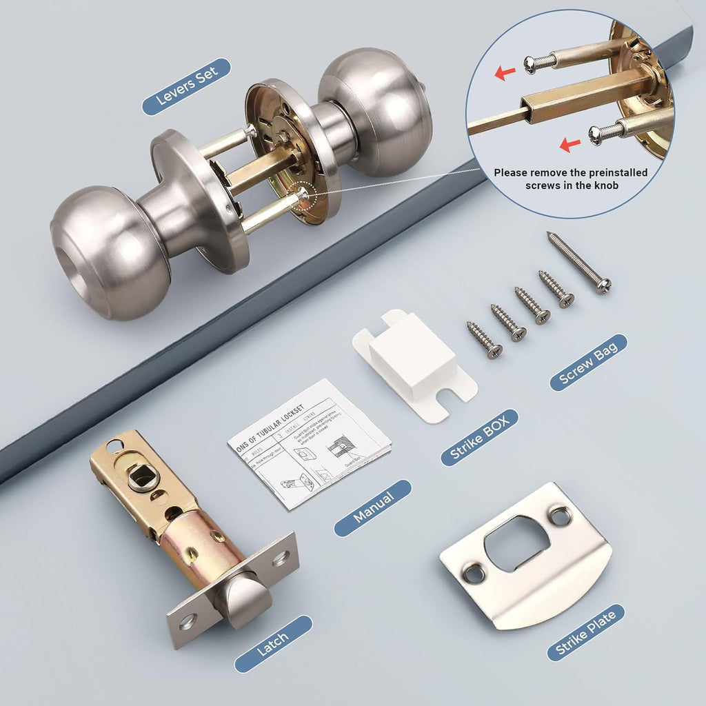 6 Pack Privacy Door Knob with Lock in Brushed Nickel Finish , Indoor Security Door Handle with Privacy Lock, Satin