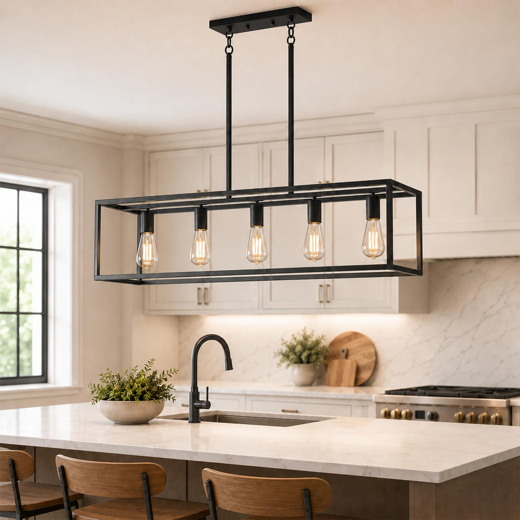 Black Farmhouse Kitchen Island Lighting, Modern Industrial Chandelier, 5-Light Linear Rectangular Pendant Light