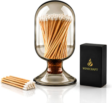 Includes Matches ! | Smoke Gray Glass Matches Cloche | Grey Tinted Decorative Match Holder Jar for Candles Set