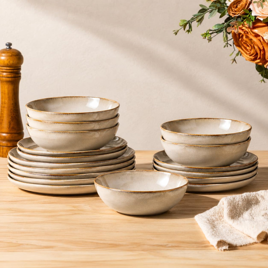 Stoneware Dinnerware Sets for 6,18 Piece Rustic Plates and Bowls Set