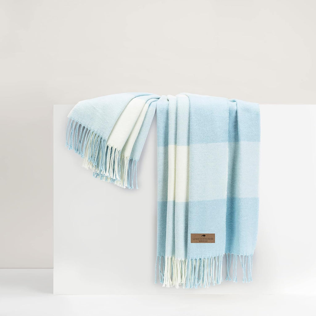 All-Season, Luxury Baby Blue Buffalo Check Herringbone Throw - Soft Woven Throw with Decorative Fringe - Made