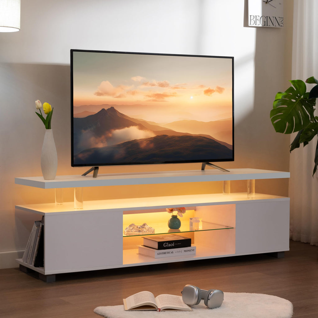 White TV Stand for 60" TV, LED Entertainment Center with Storage