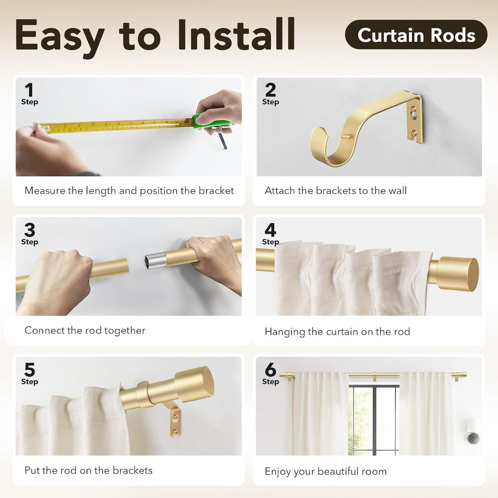 Heavy Duty Curtain Rods for Windows 66 to 120 Inch, 1 Inch Gold Curtain Rod Adjustable, Decorative Long Curtains Rods
