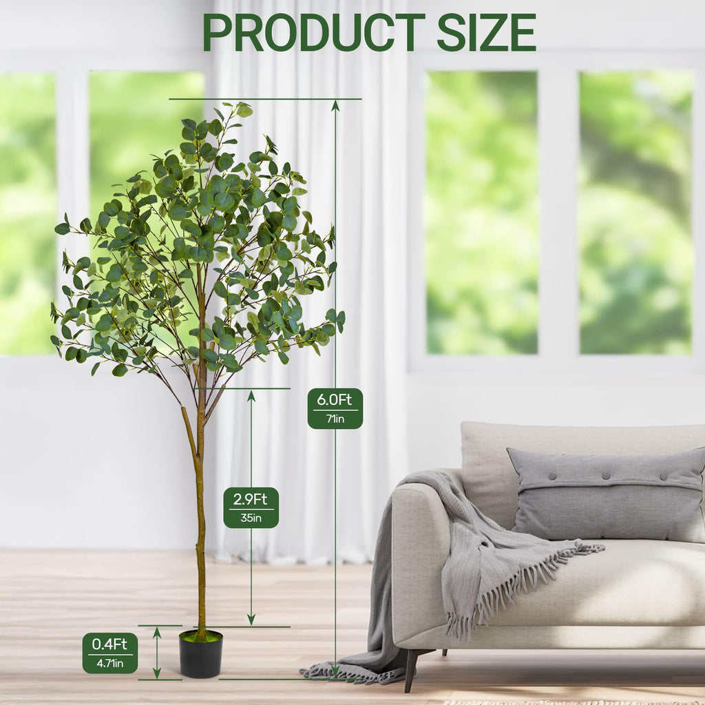 6FT Faux Eucalyptus Tree Indoor - Tall Artificial Eucalyptus Tree with Natural Trunk and Realistic Leaves, Indoor Fake