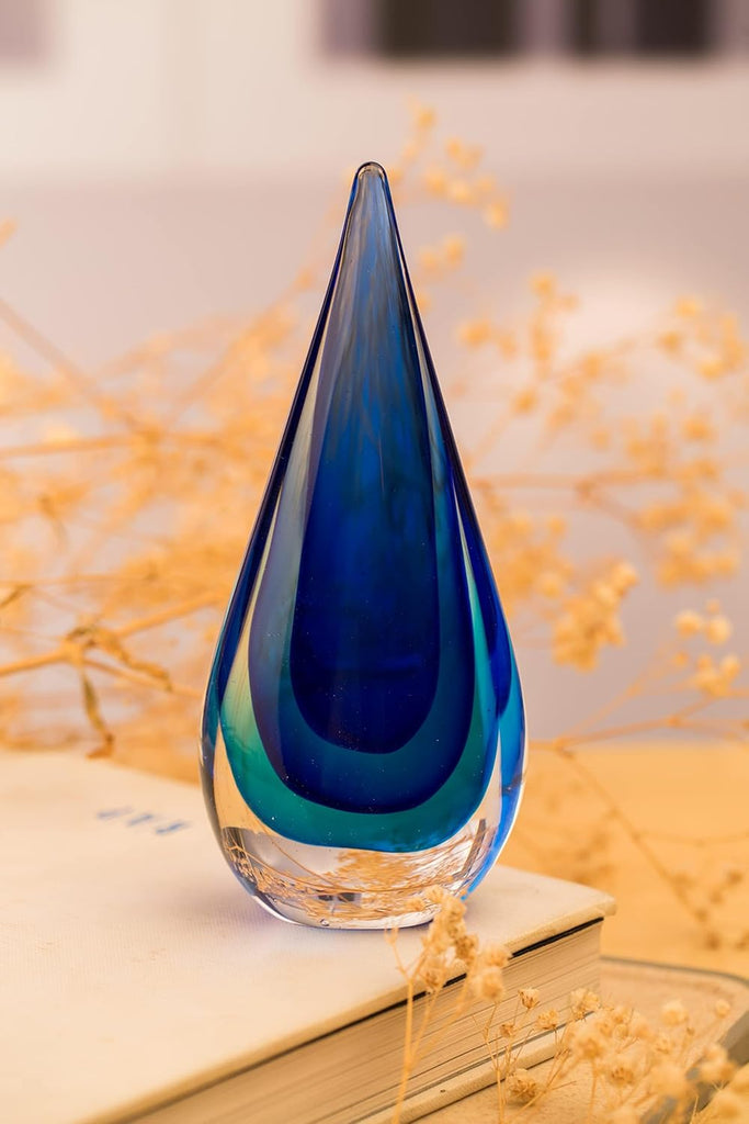Glass Sculpture Hand-Blown Murano-Style Glass Statue and Figurine, Blue Teardrop Decor
