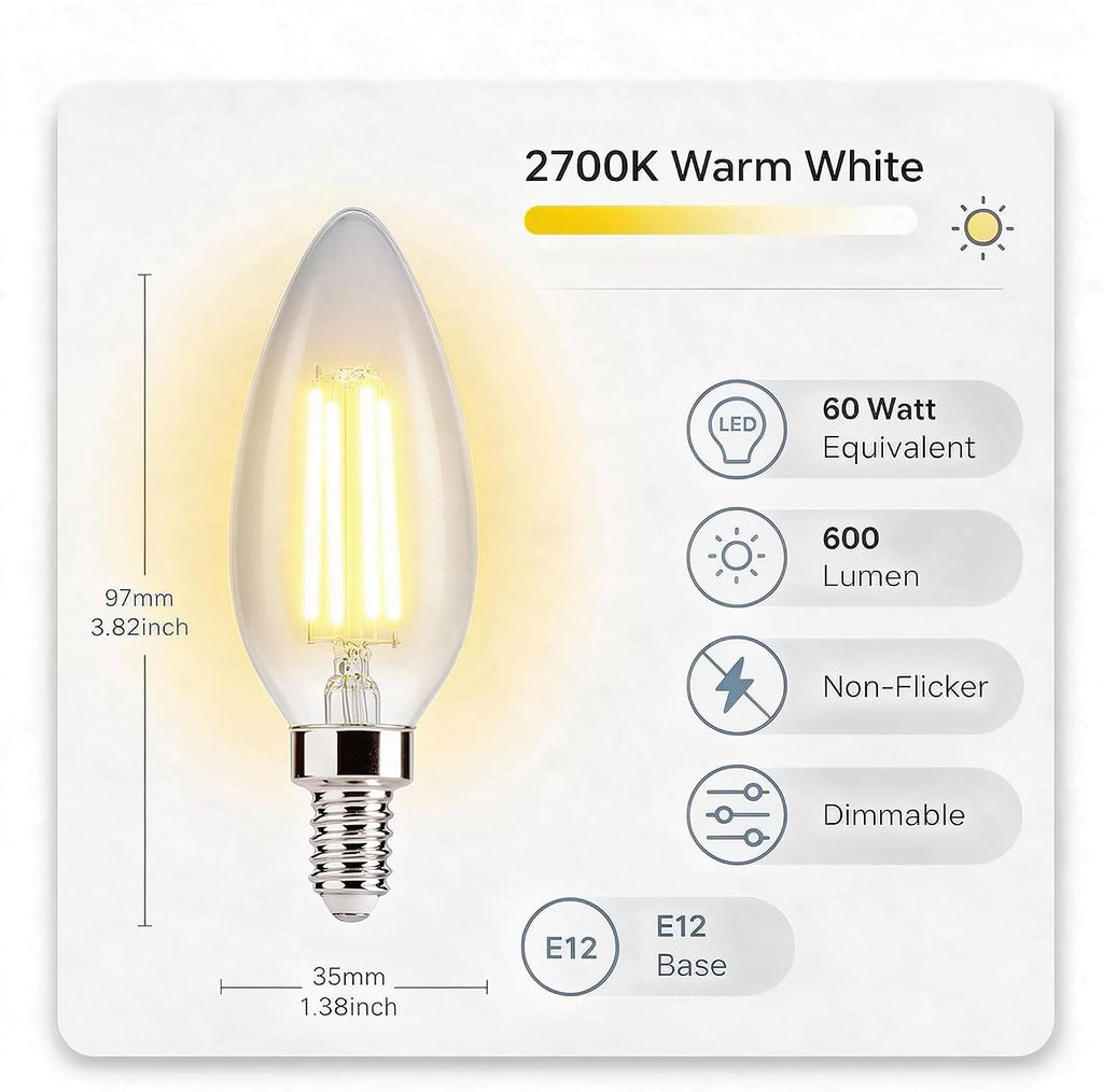E12 Candelabra Bulb 6W,60 watt Equivalent, E12 LED Bulb Dimmable