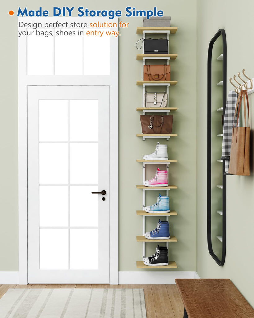 White and Natural Tiered Wall Shelf Unit, 5 Tier Display Floating Shelves, Deep Hanging Wall Shelving Unit Plants TV