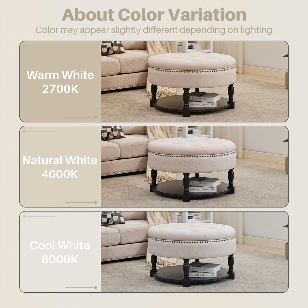 Round Storage Ottoman Coffee Table with Shelf, Tufted Fabric, Beige