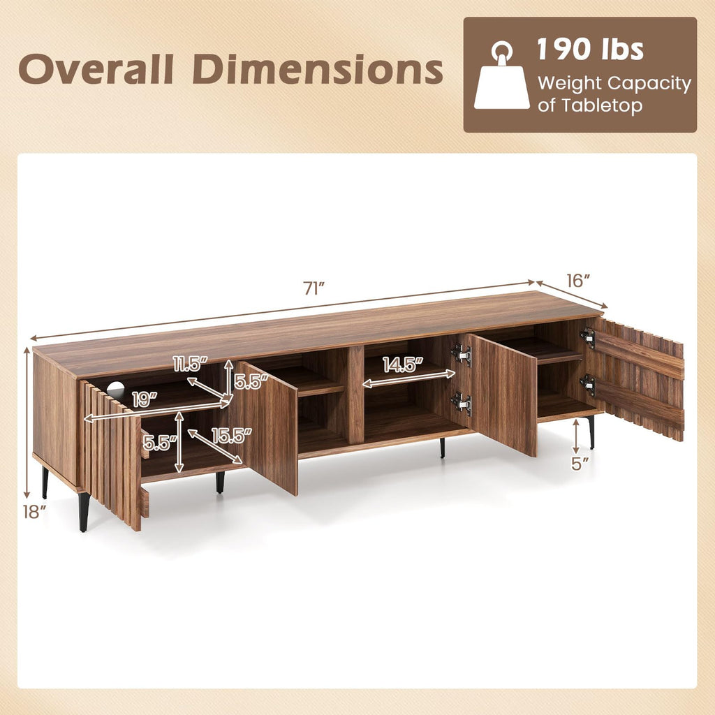 4-Door Slatted TV Stand for 80 Inches TVs, Mid Century Modern Entertainment Center with 4 Storage Cabinets, Wooden TV