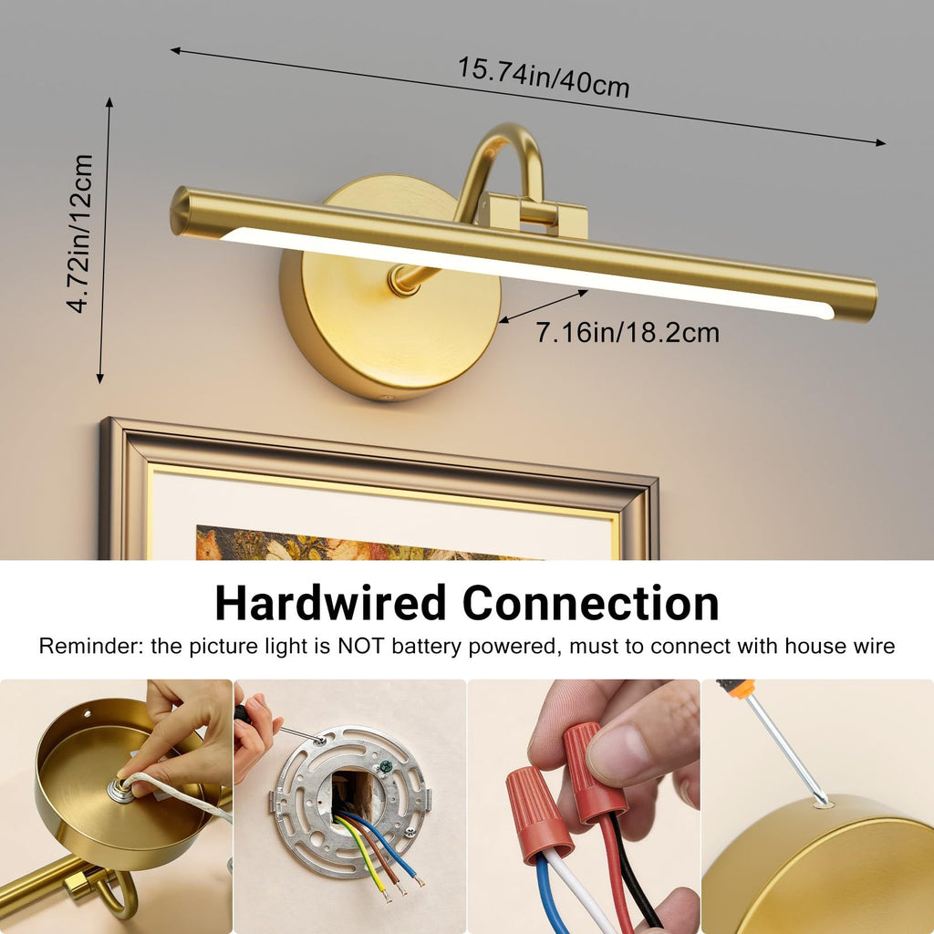 Hardwired Gold Picture Lights for Paintings - 15.7 inch 3CCT Dimmable Gallery Light LED Wall Art Lighting with Remote