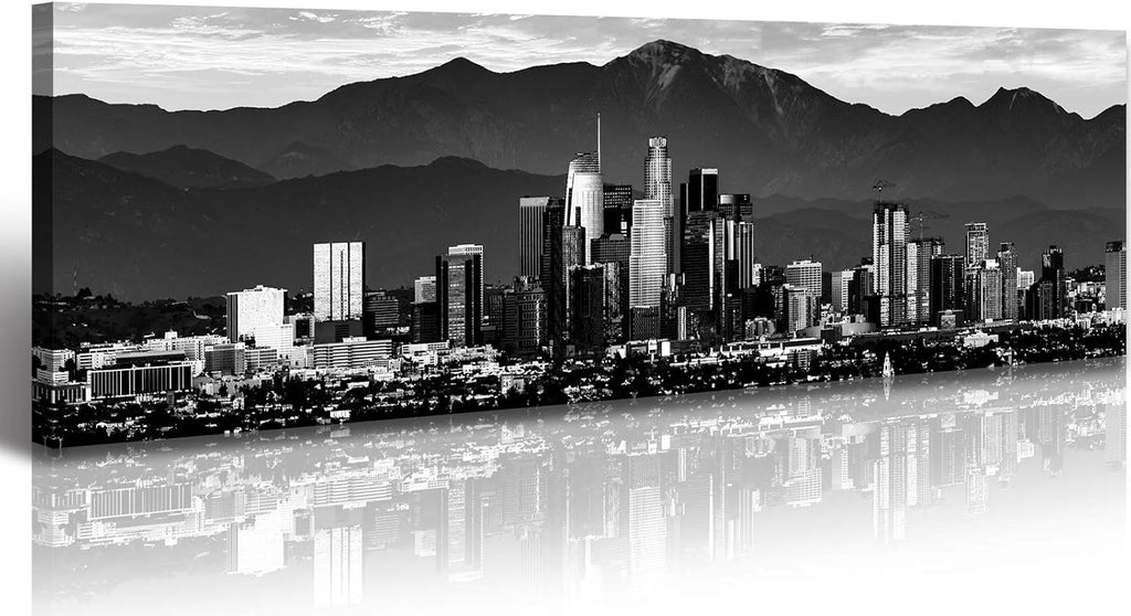 Los Angeles Skyline Canvas Wall Art, Large Black and White Cityscape Panorama Print, Modern Nightscape Painting