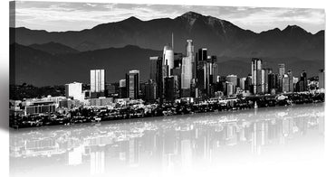 Los Angeles Skyline Canvas Wall Art, Large Black and White Cityscape Panorama Print, Modern Nightscape Painting