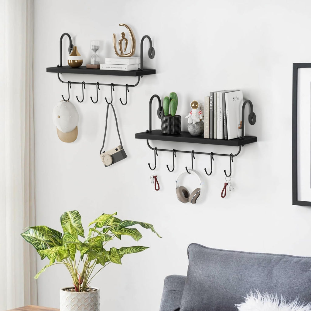 Floating Wall Shelves Bathroom Coffee Nook with 10 Adjustable Hooks for Mugs Cooking Utensils or Towel Rustic Storage
