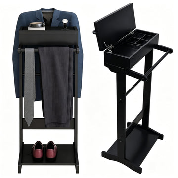Black Suit Valet Stand for Man, Clothes Stand with Storage and Top Tray, Used