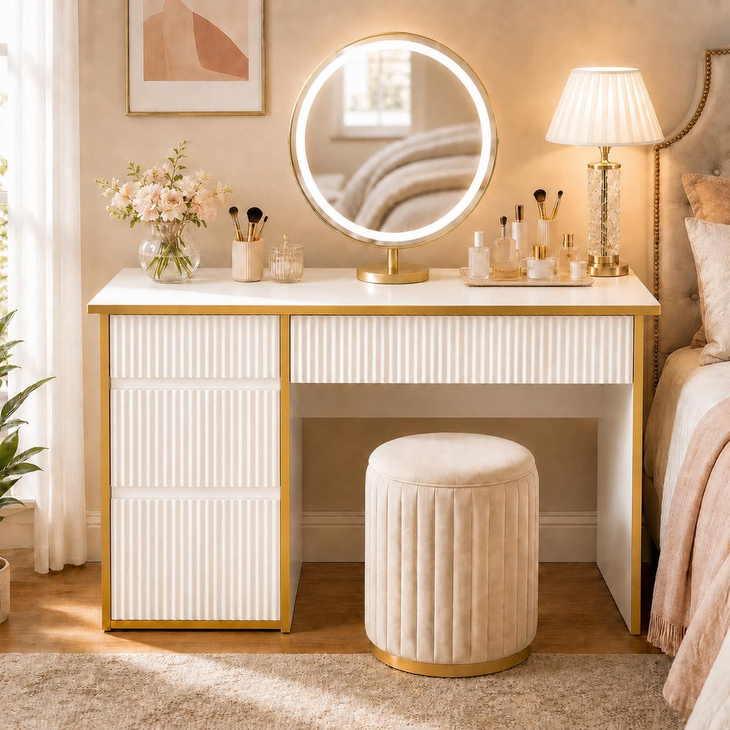 47-Inch Fluted Computer Desk with 4 Drawers, White and Gold