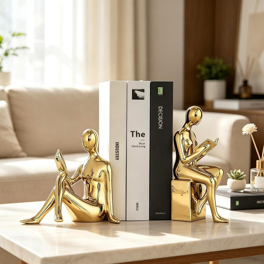 Home Decorative Reading Book Statue Bookends Elegant Ceramic Bookshelf Room Office Desk Decor,Paper Weights, Book