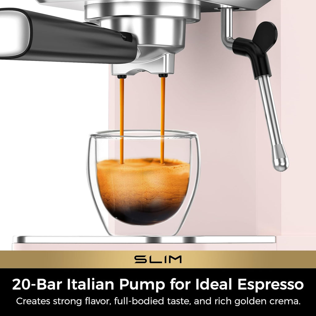 Slim Espresso Machine with Milk Frother Cappuccino, Pink | Precise Pressure Gauge, Food-Grade Materials, 20 Bar