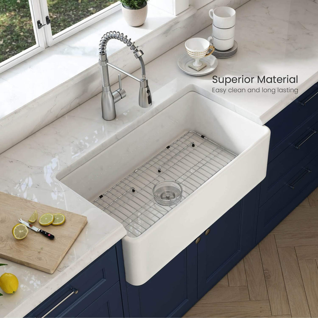 K2-SF33 33-inch Single Bowl Fireclay Farmhouse Sink | Apron Front, Heat Safe Glazing | Scratch & Stain Resistant |