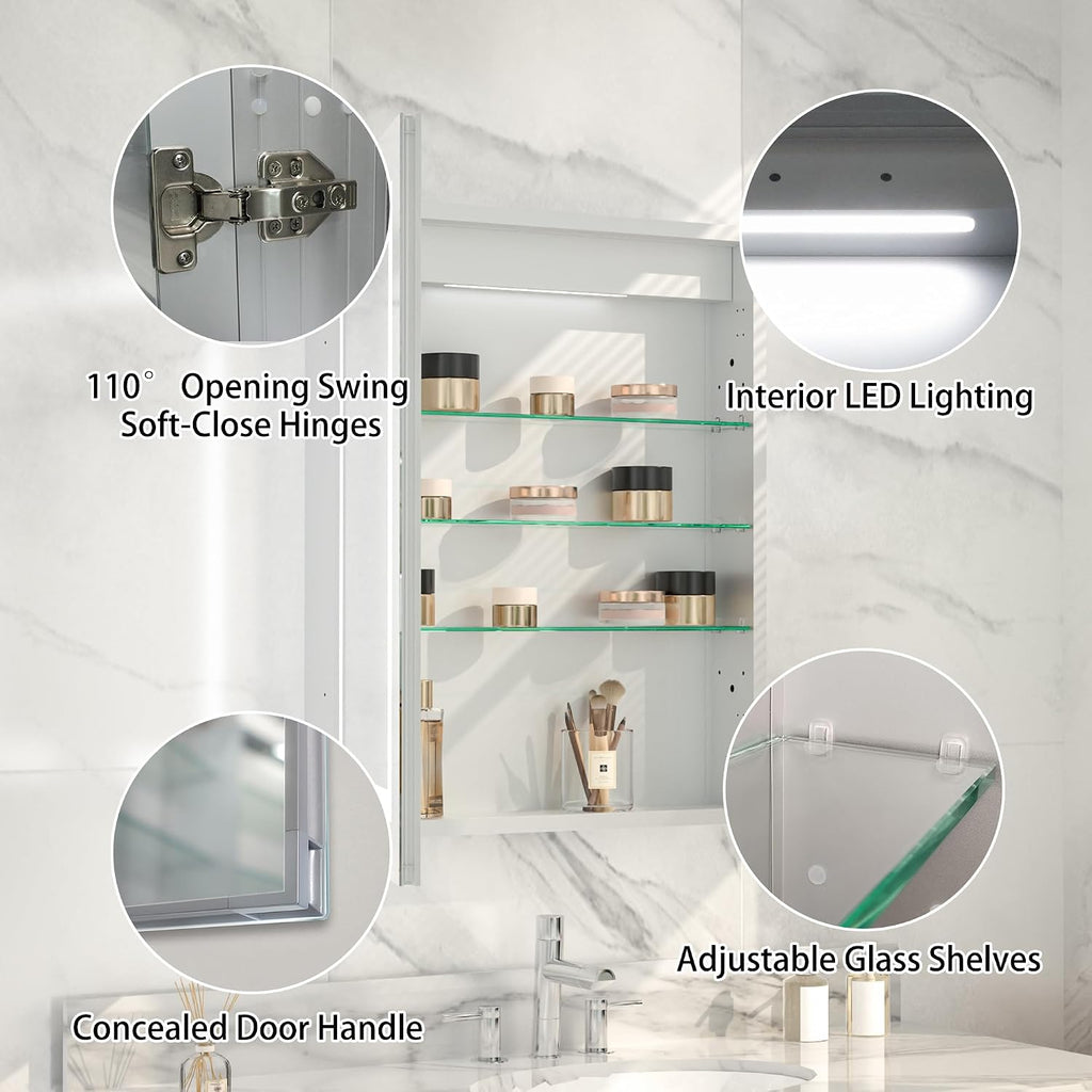 24 x 30" Wall-Mounted LED Bathroom Medicine Cabinet, Anti-Fog, 3 Color Temp | Surface-Mount/Recessed, Double-Sided