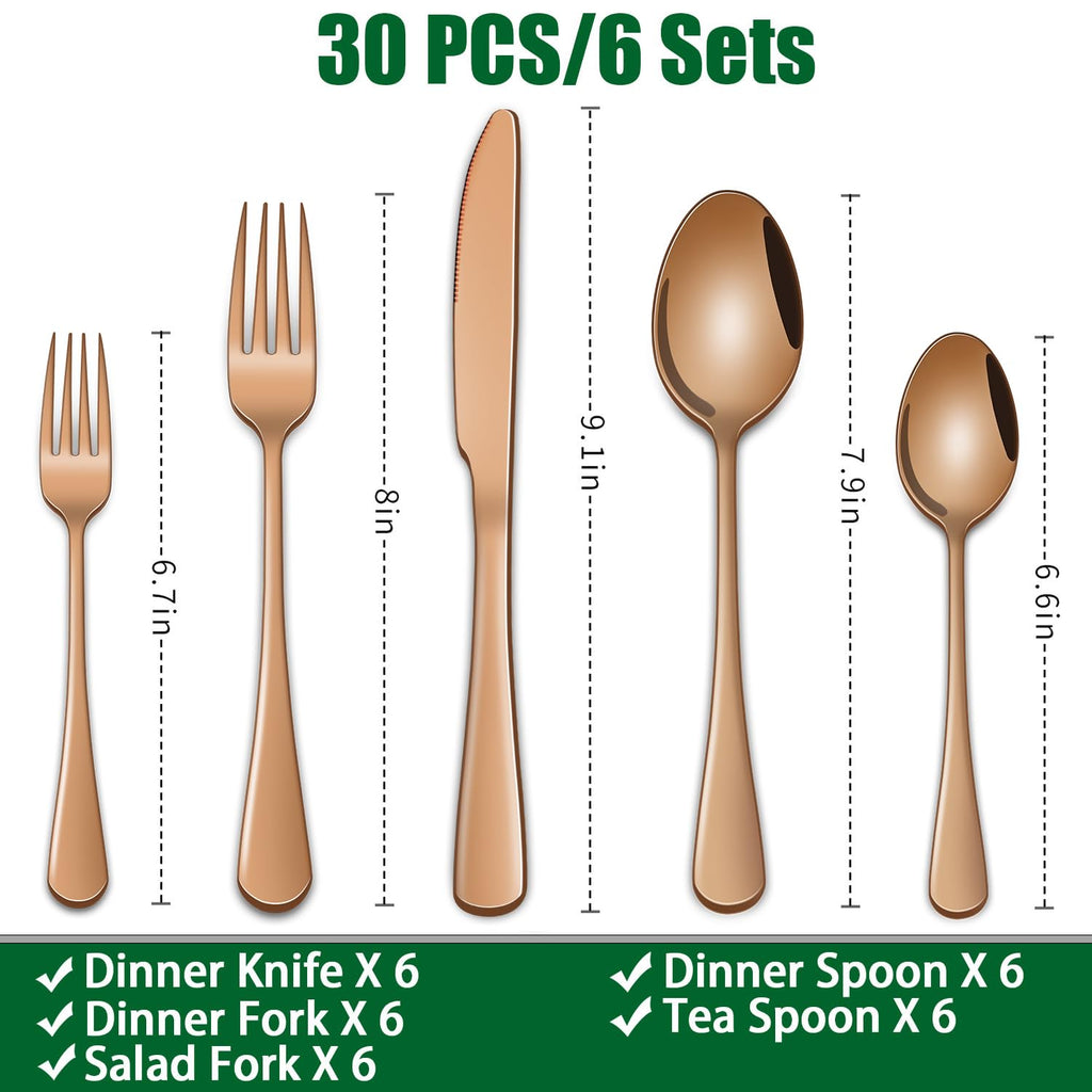 Rose Gold 30-Piece Flatware Sets Service For 6,Pink Silverware Set Includes Knife Spoon And Forks Eating Utensils