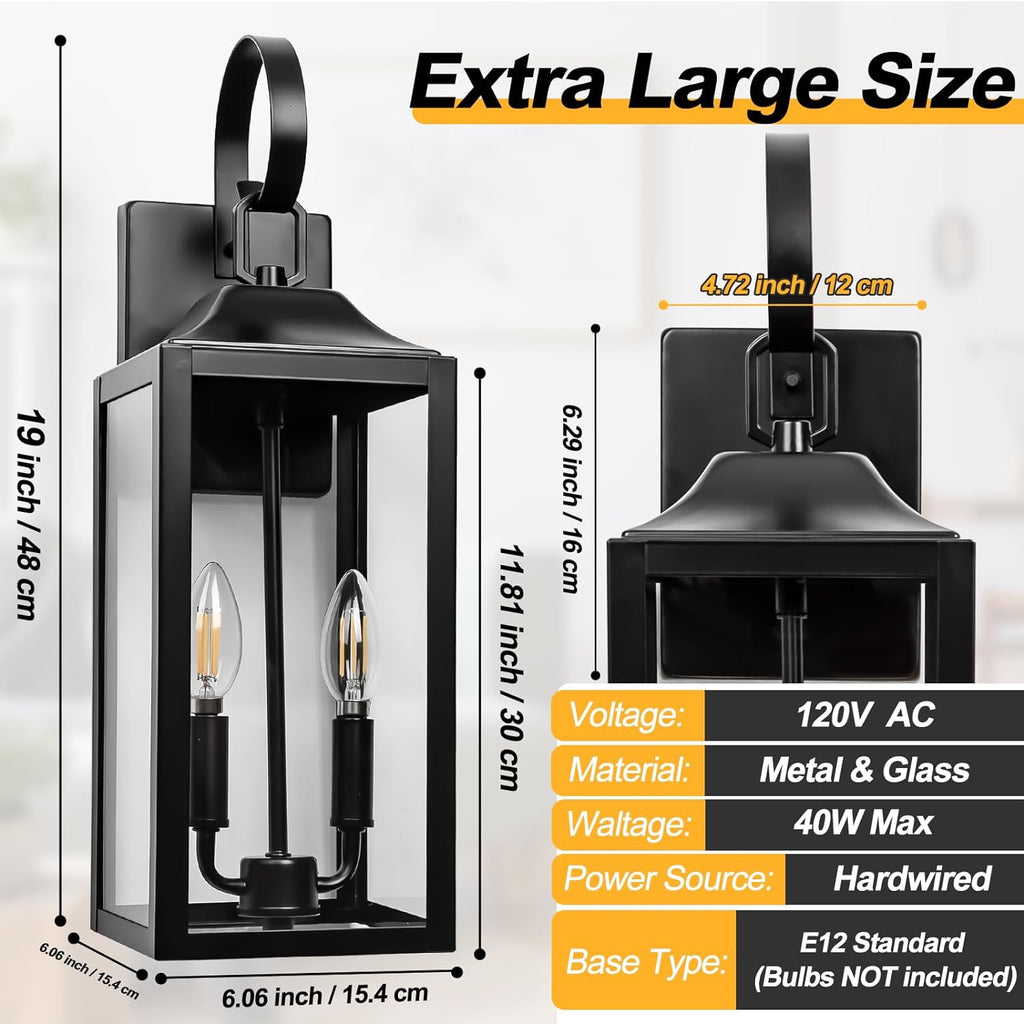 19" Large Outdoor Wall Lights - Black Outside Wall Mounted Light Fixture