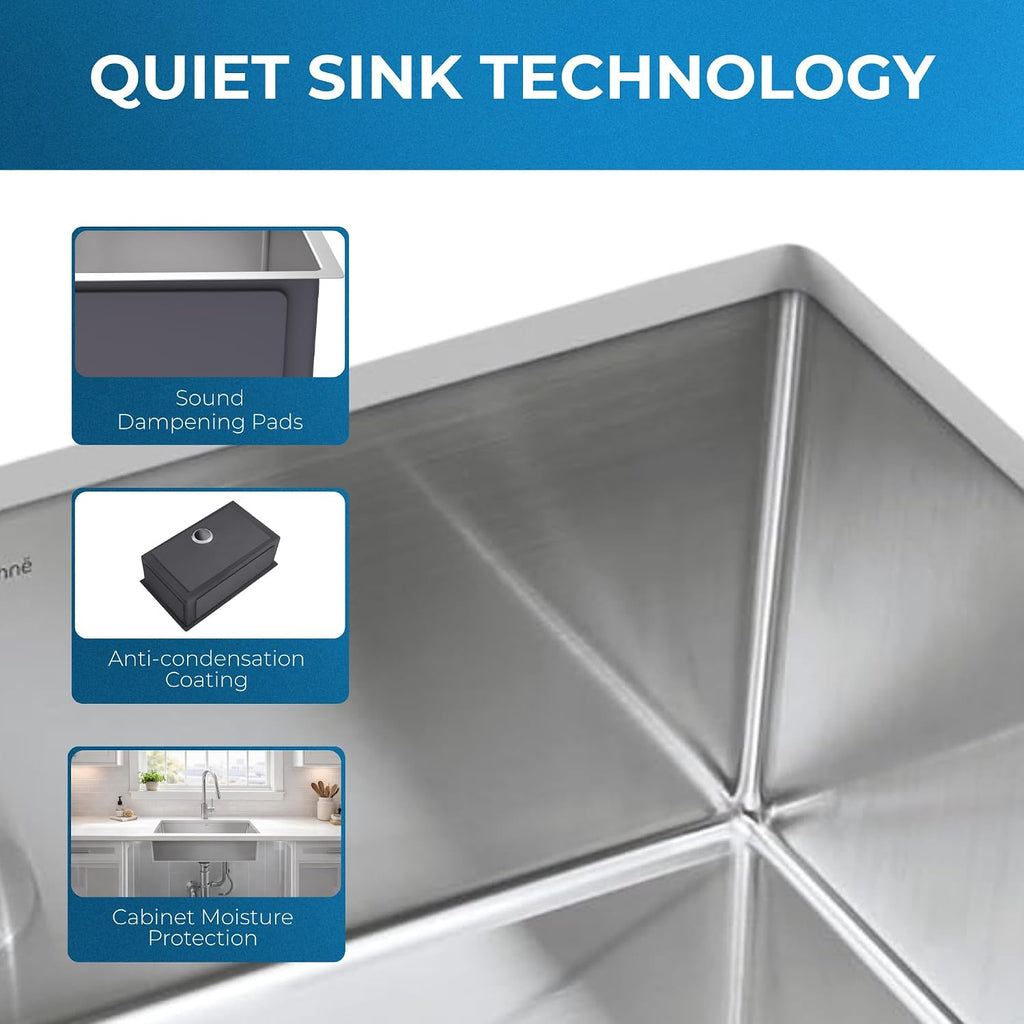 Modena 32-Inch Undermount Kitchen Sink - 32 x 19 x 10 in | 16 Gauge T304 Stainless Steel, Sound Guard, Sloped Bottom