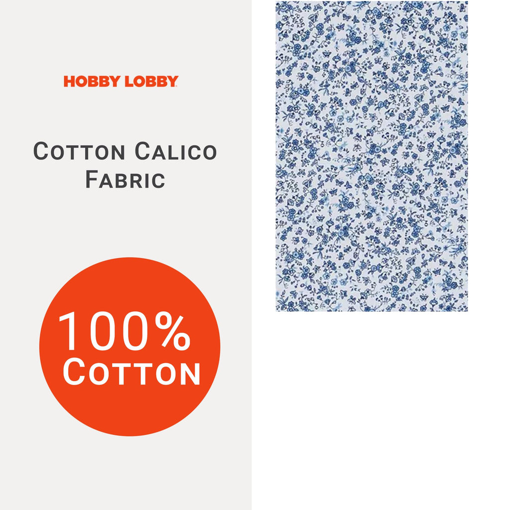 White & Blue Monotone Floral Cotton Calico Fabric, 1 Yard