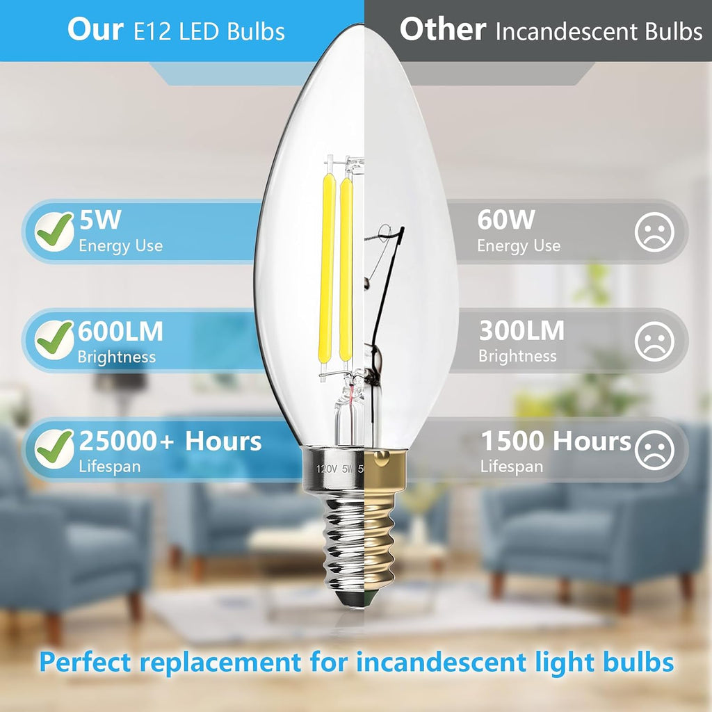Dimmable E12 LED Candelabra Bulbs 60W Equivalent, Daylight White 5000K, 600LM Chandelier Light Bulb, B11 LED Candle