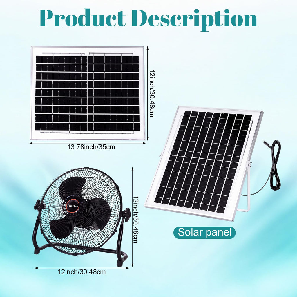 12 Inch Black Solar Panel Powered Fan, 12W 9V Portable