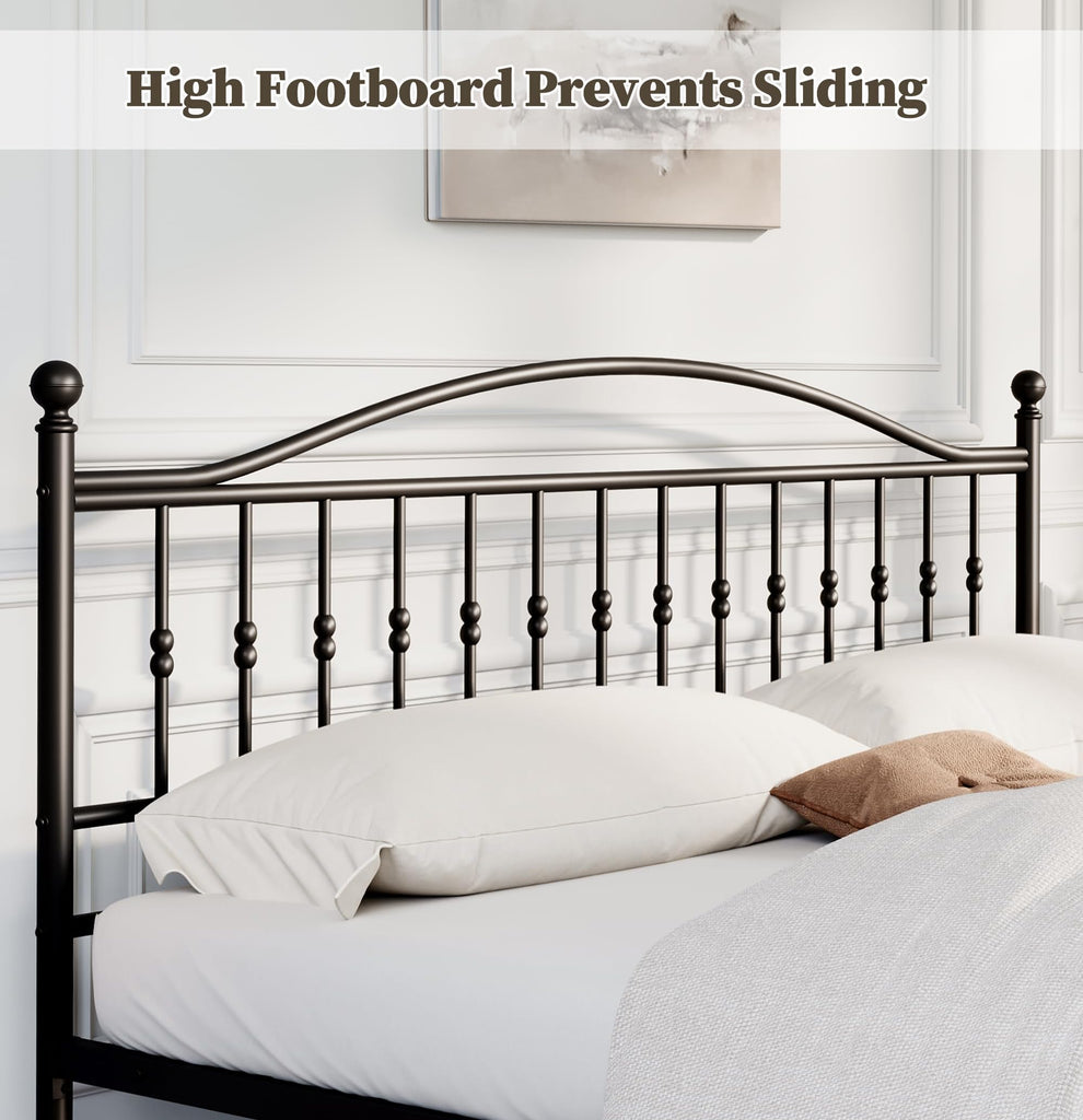 King Size Metal Bed Frame with Vintage Circular Headboard and Footboard, Heavy-Duty Iron Platform Bed, No Box Spring