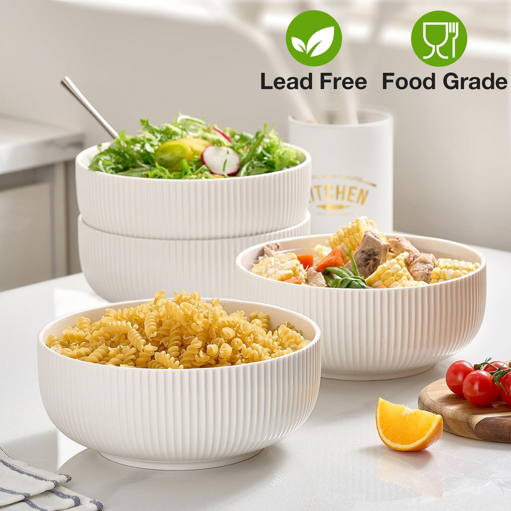 2 Pack Salad Bowl, 8 inch 60 oz Large Serving Bowl Set, Deep Bowl, White Ceramic Bowl Set for Soup, Cereal, Ramen