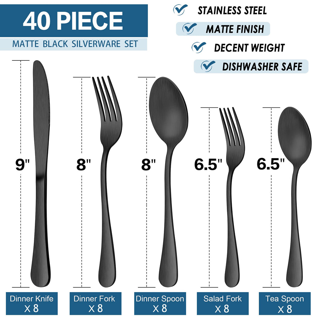 40 Piece Matte Black Silverware Set, Stainless Steel Black Flatware Cutlery Set for 8, Fancy Kitchen Utensil