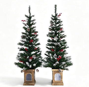 4 Ft Entrance Christmas Tree,Artificial Potted Xmas Tree with 60 LEDs Light Branches Berry Pinecone Potted Tree