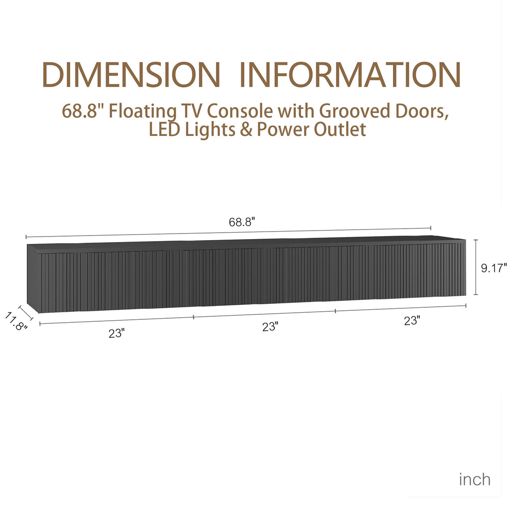 Mesa Flotante para TV 69 inch, Black Floating TV Stand Wall Mounted, Floating Entertainment Center with Fluted