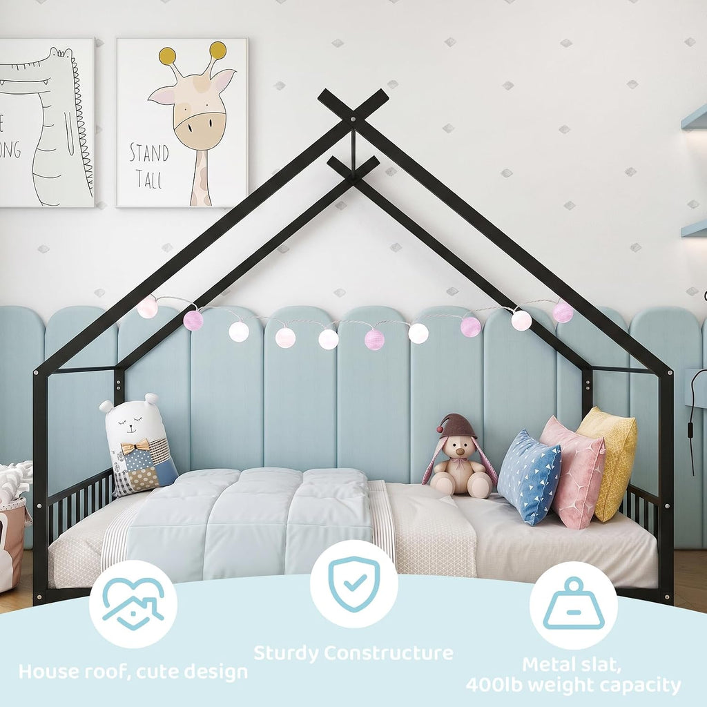 Metal Toddler Floor Bed with Slats & Fence, Black