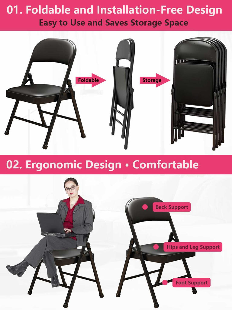 Black Padded Folding Chairs with Cushion 4 Pack, Heavy Duty Steel