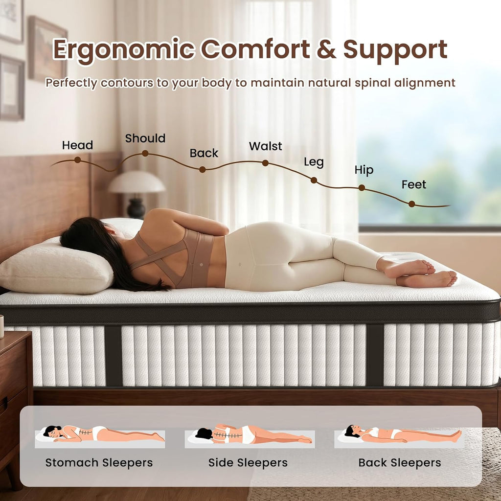 Full Size Mattress, 12 Inch Hybrid Mattress in a Box, Medium Firm Memory Foam & Individual Pocket Springs, Soft and