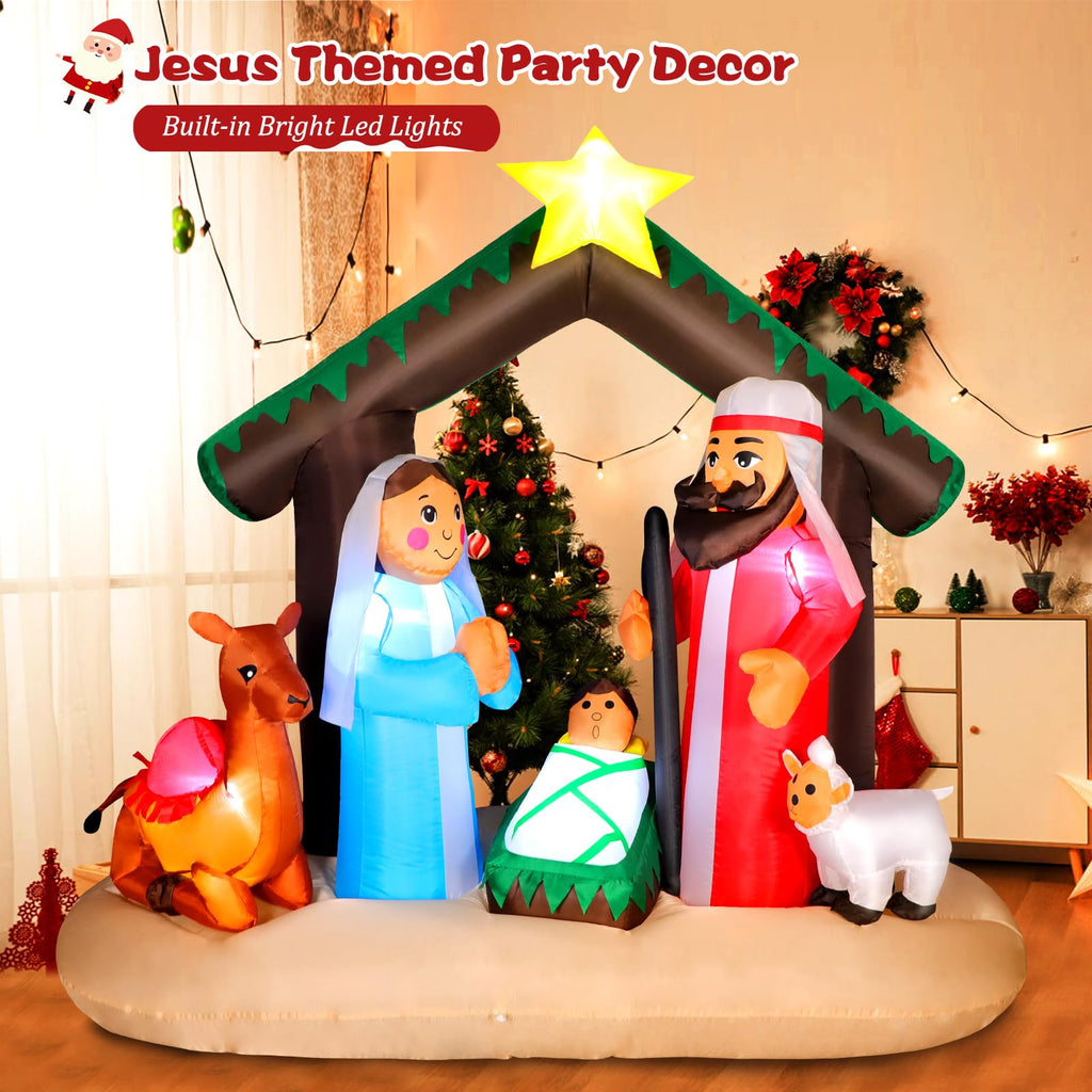 7FT Christmas Inflatable Nativity Scene with Baby Jesus, Parents, Donkey, Sheep, Star, Blow Up Manger Set Indoor &