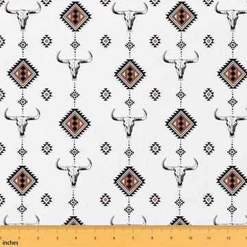 Western Fabric by The Yard, Bull Skull Polyester Fabrics, Southwest Decor Quilting Supplies for Sewing, Geometric Tribal